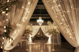 Best party hall in Islamabad featuring elegant round tables with white chairs, grand chandeliers, high ceilings, and a beautifully decorated interior set for a formal event.